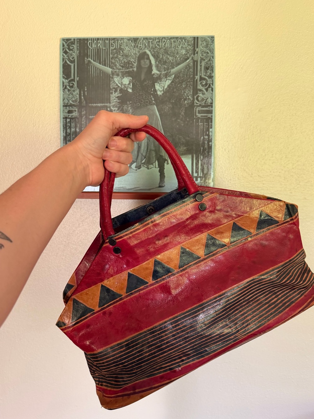 Vintage & Upcycled Red Tribal-Pattern Leather Bag